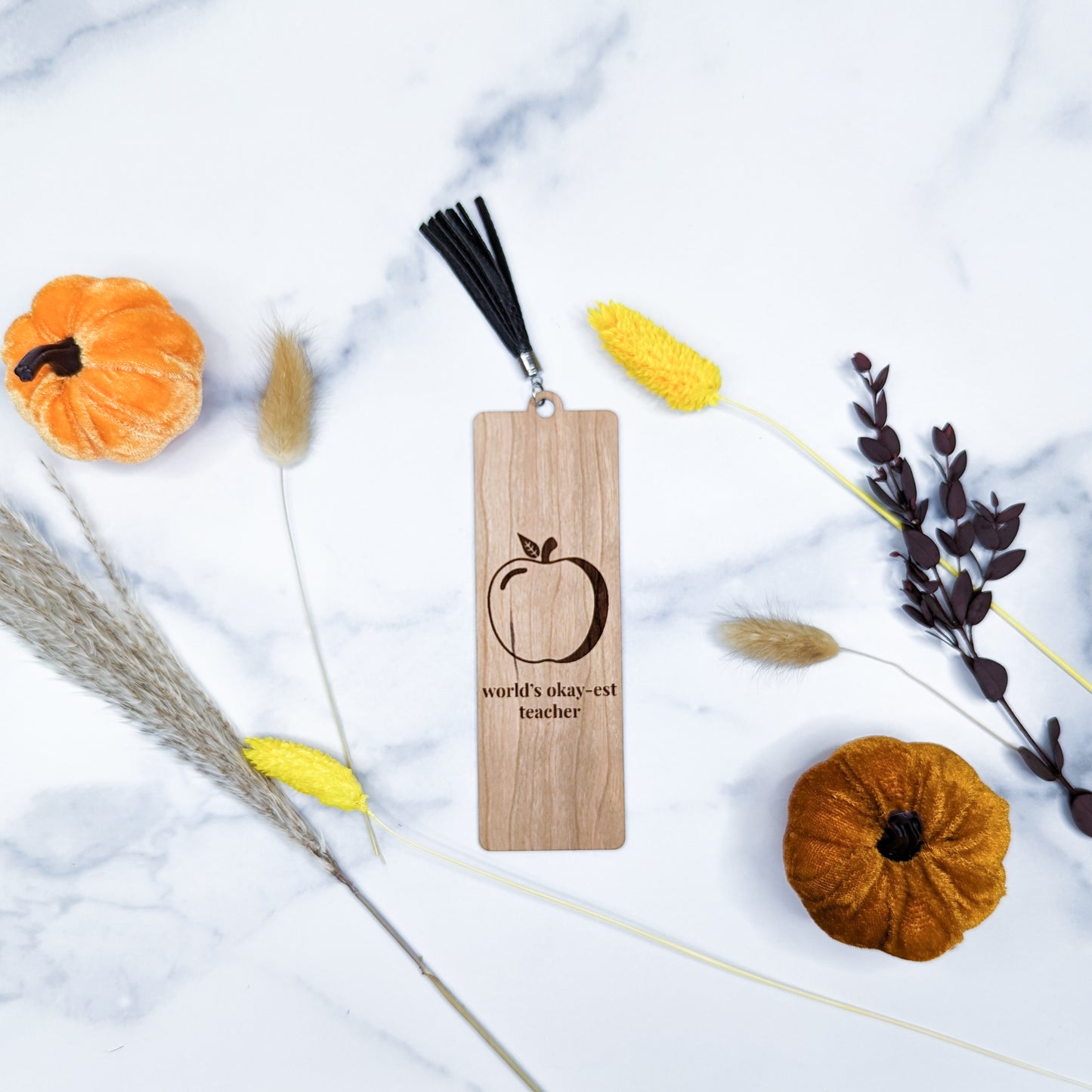 Cherry Wood Bookmark with Faux Leather Tassel - Okay-est Teacher
