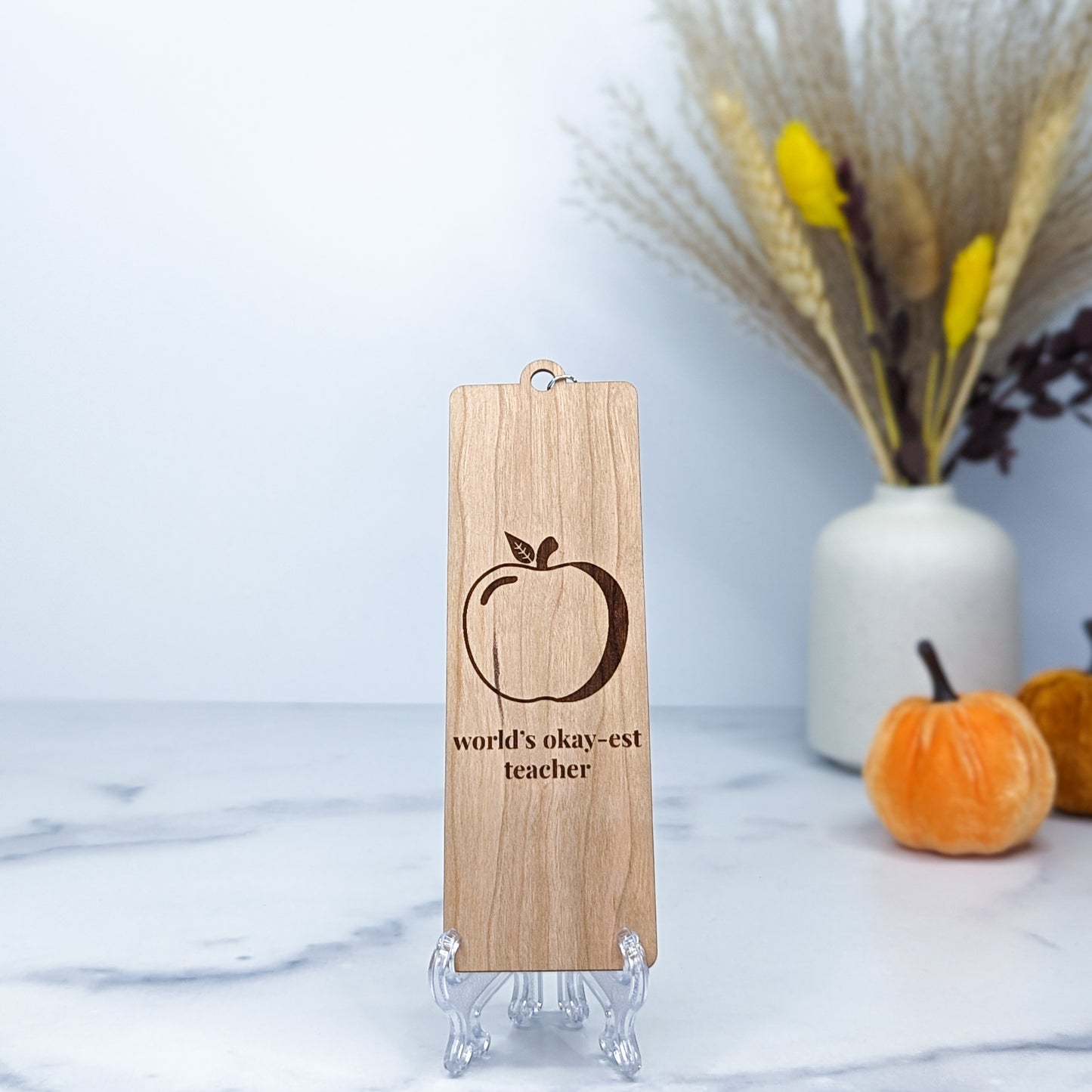 Cherry Wood Bookmark with Faux Leather Tassel - Okay-est Teacher
