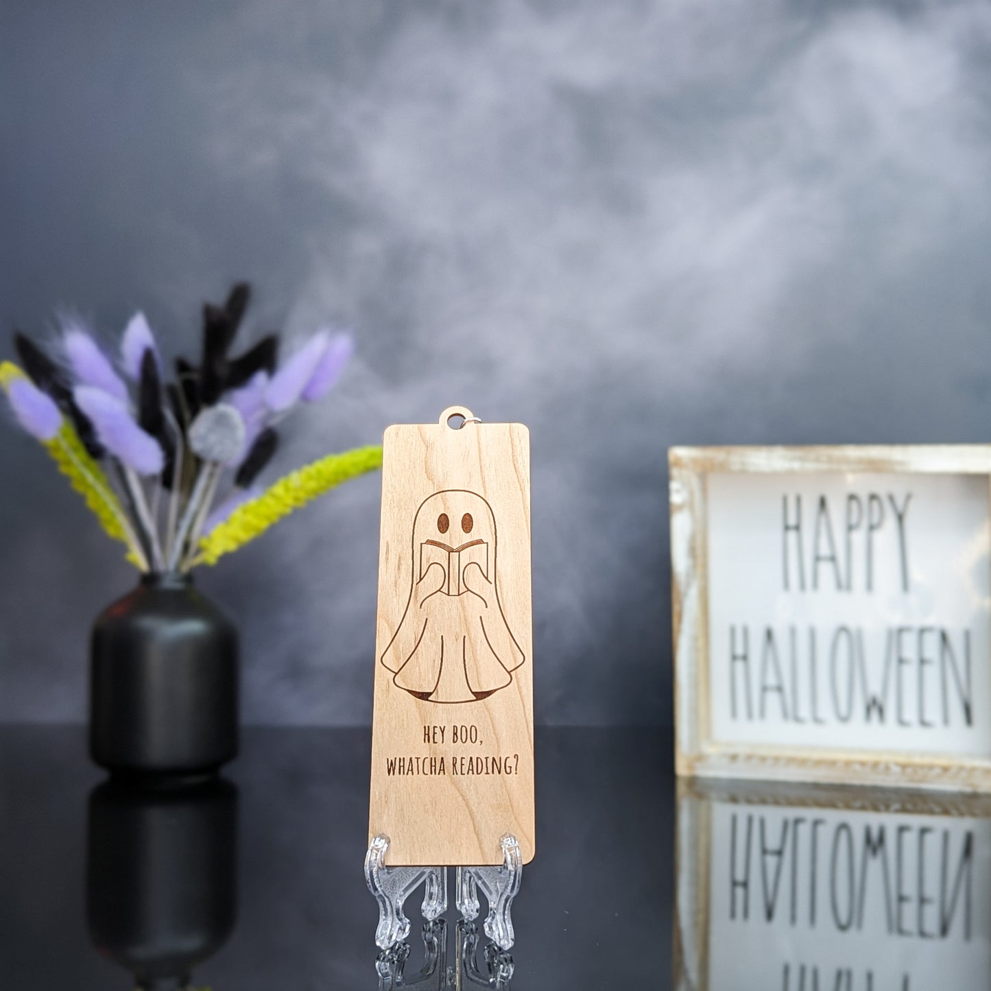 Cherry Wood Bookmark with Faux Leather Tassel - Ghost + Book
