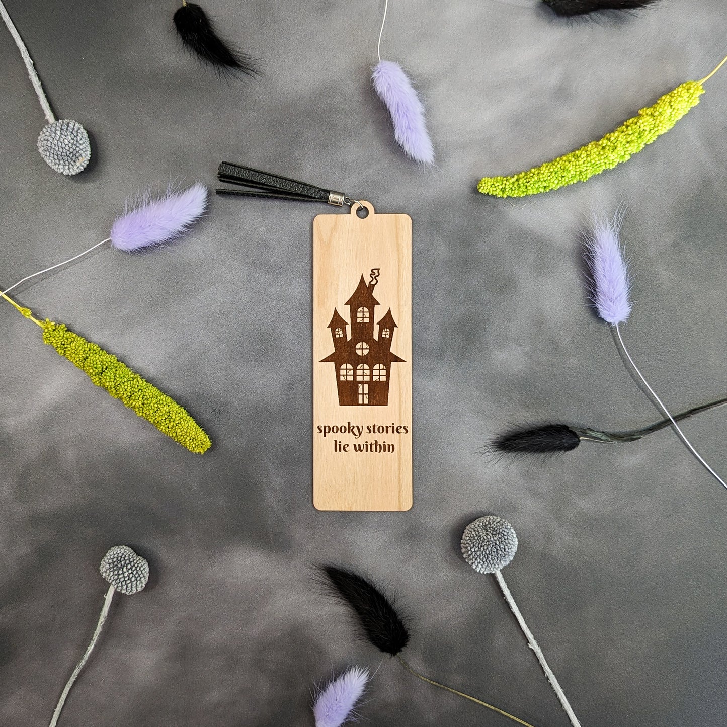Cherry Wood Bookmark with Faux Leather Tassel - Haunted House