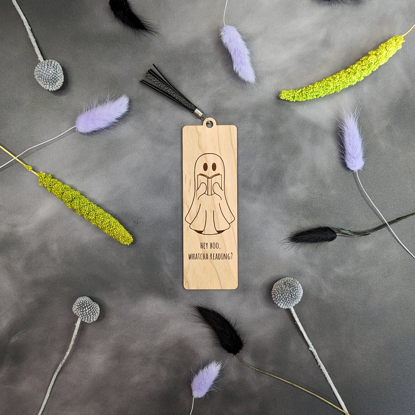 Cherry Wood Bookmark with Faux Leather Tassel - Ghost + Book