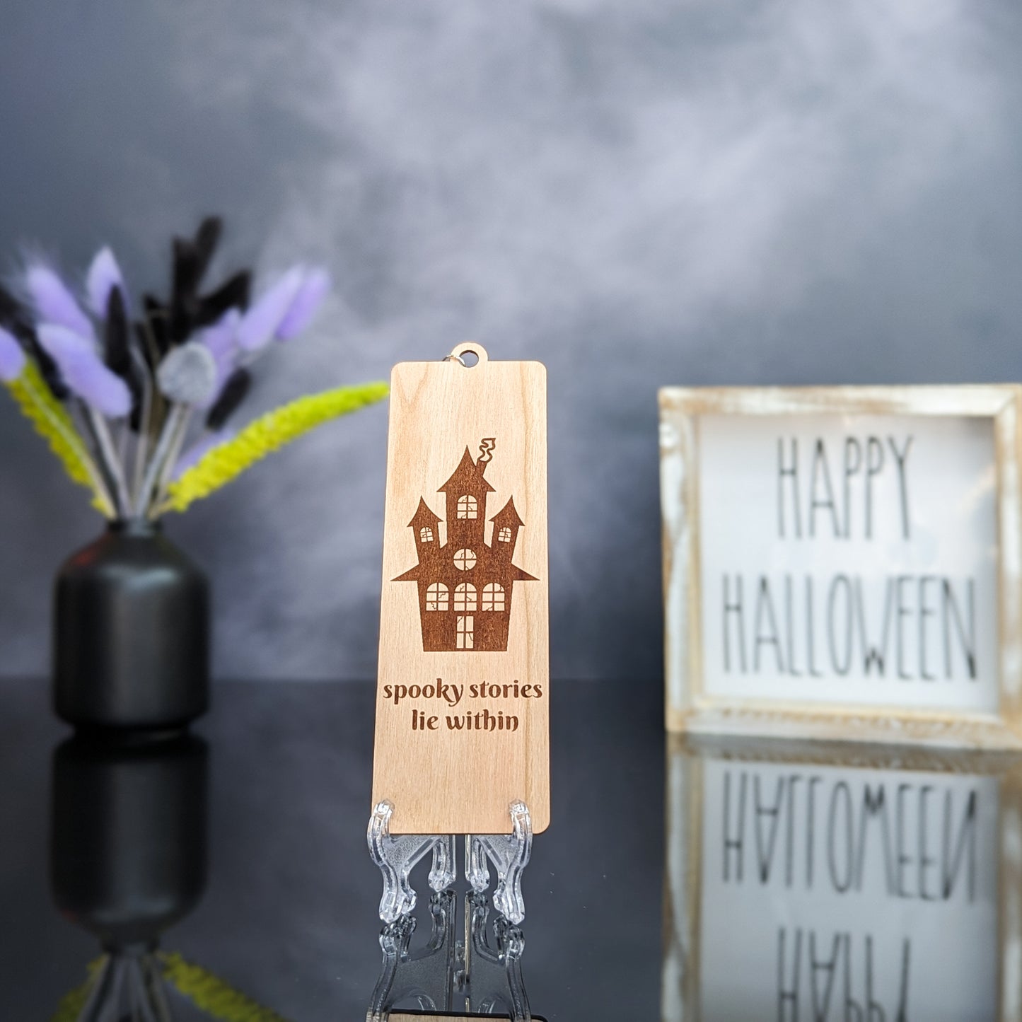 Cherry Wood Bookmark with Faux Leather Tassel - Haunted House