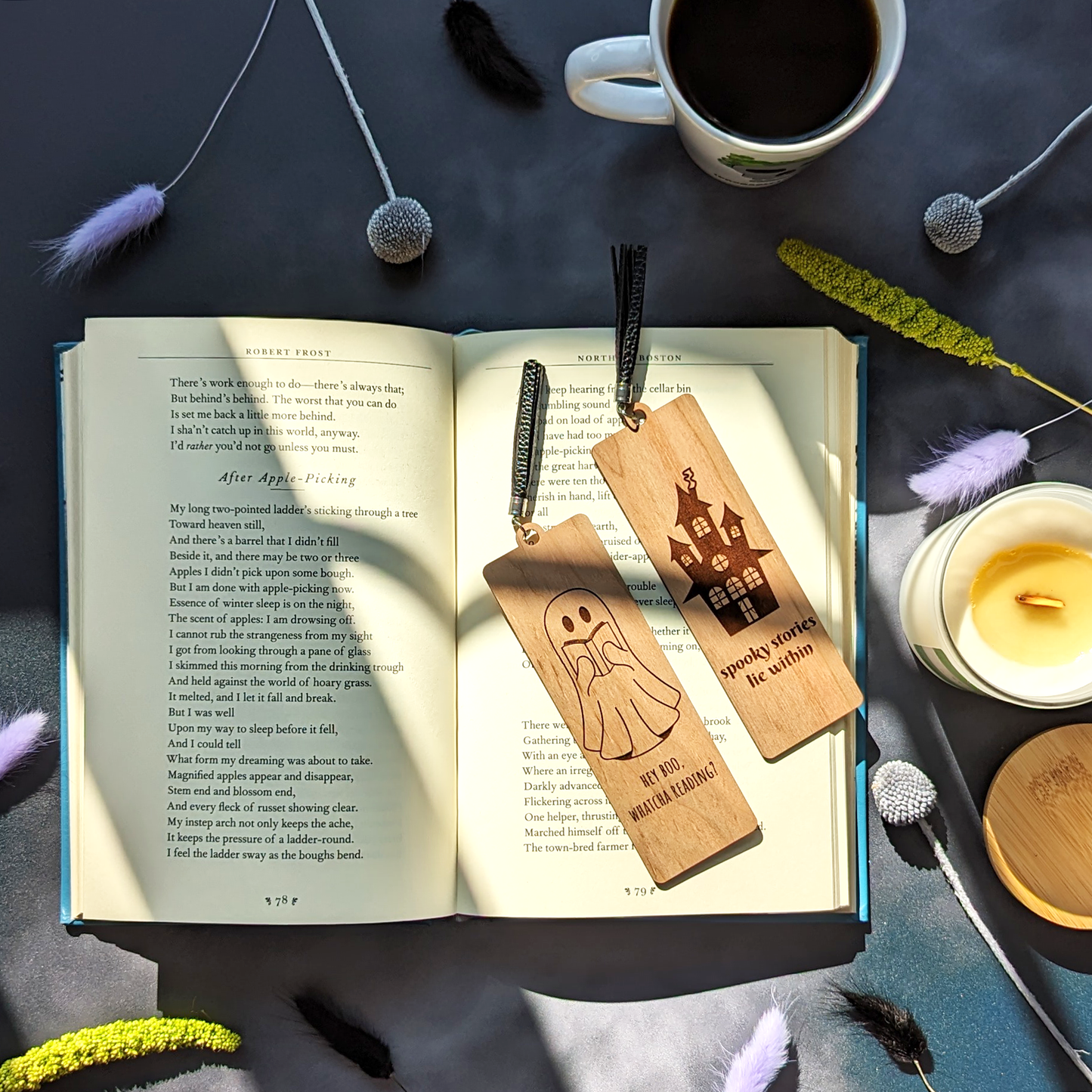 Cherry Wood Bookmark with Faux Leather Tassel - Ghost + Book