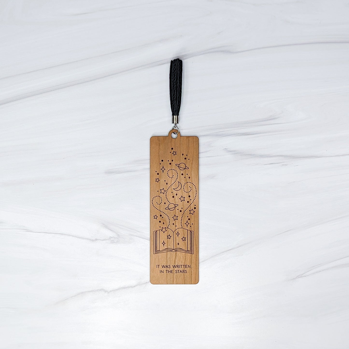 Cherry Wood Bookmark with Faux Leather Tassel - Written in the Stars