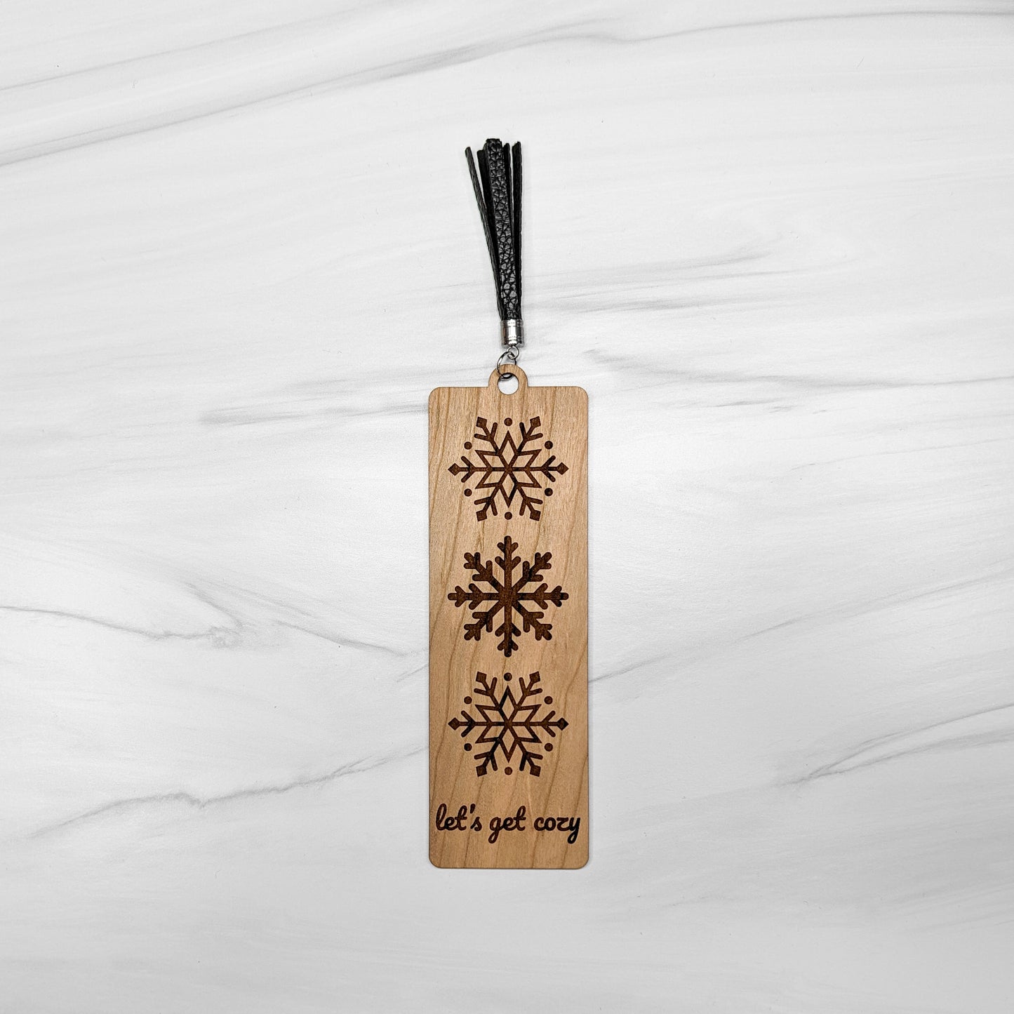 Cherry Wood Bookmark with Faux Leather Tassel - Snowflakes