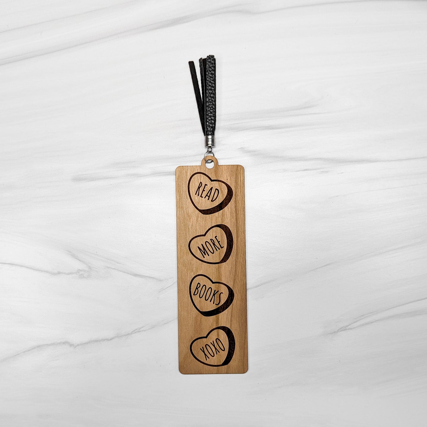 Cherry Wood Bookmark with Faux Leather Tassel - Conversation Hearts