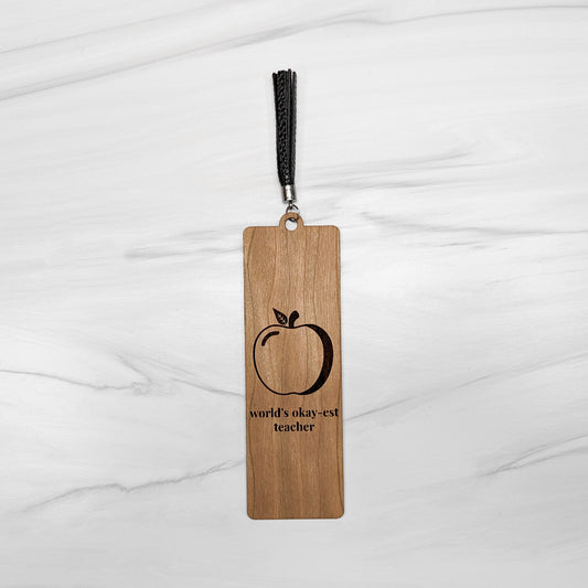 Cherry Wood Bookmark with Faux Leather Tassel - Okay-est Teacher