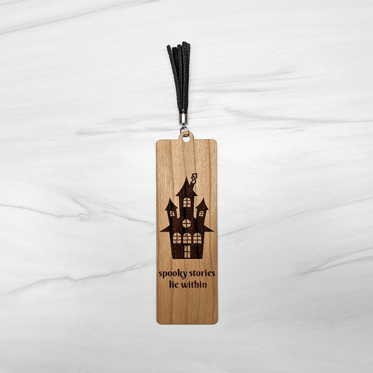Cherry Wood Bookmark with Faux Leather Tassel - Haunted House