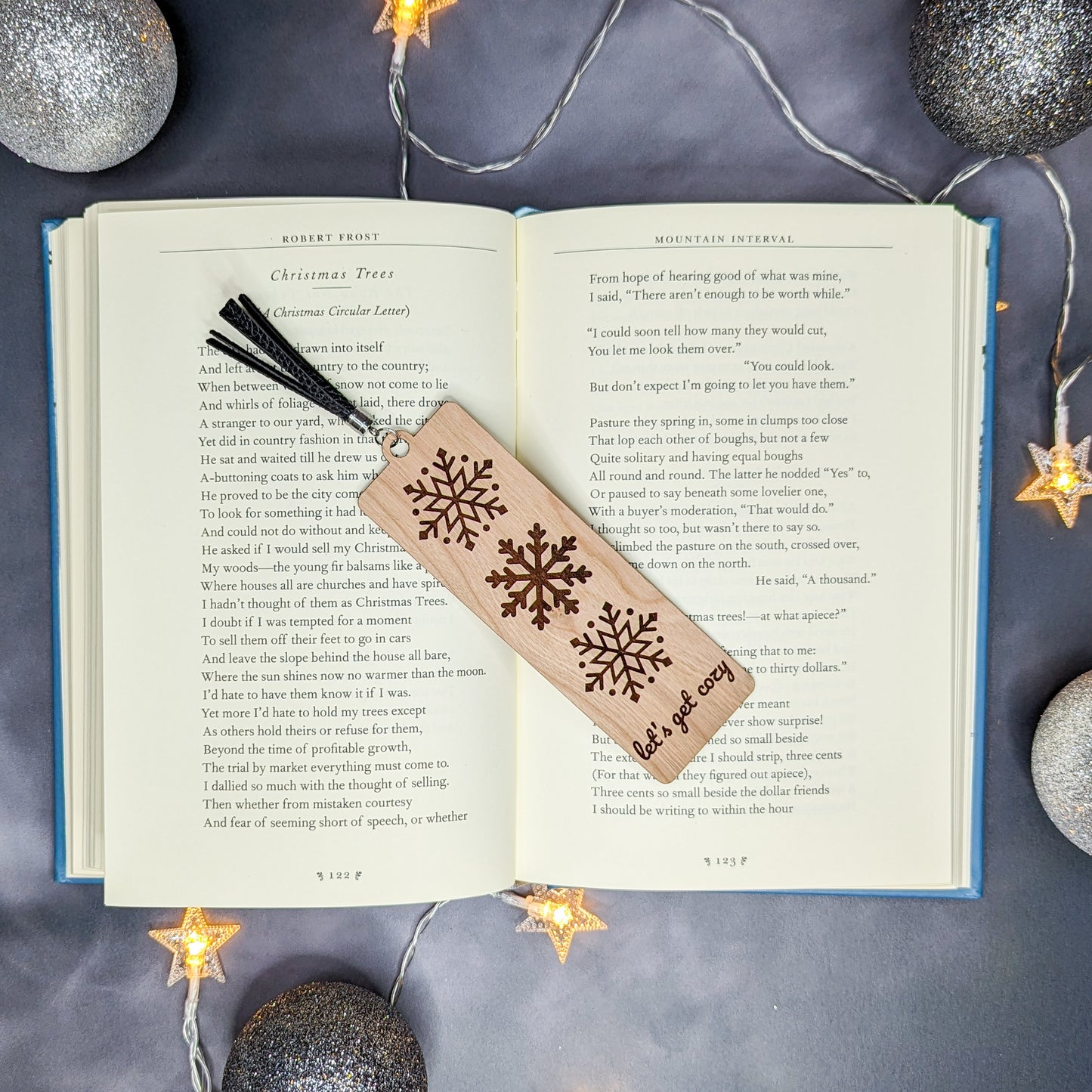Cherry Wood Bookmark with Faux Leather Tassel - Snowflakes