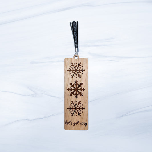 Cherry Wood Bookmark with Faux Leather Tassel - Snowflakes
