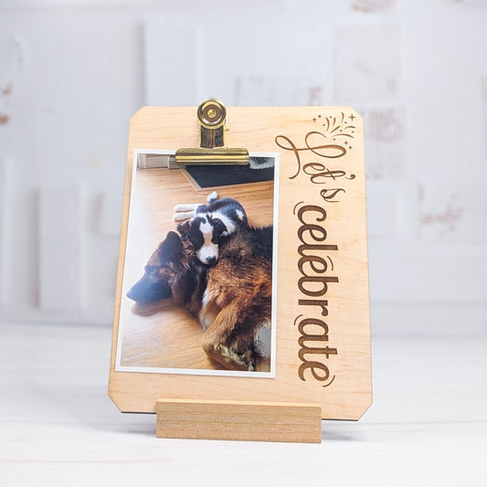 Maple Wood Clipboard Frame with Cherry Wood Stand - Let's Celebrate